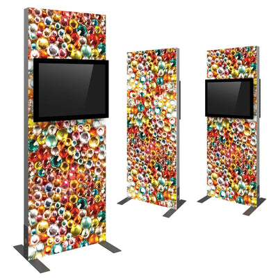 Freestanding trade show kiosk with large monitor and colorful gem pattern graphic for exhibitions and events