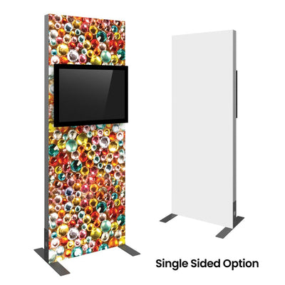 Single-sided trade show kiosk with built-in monitor and vibrant graphic panel for exhibitions and events