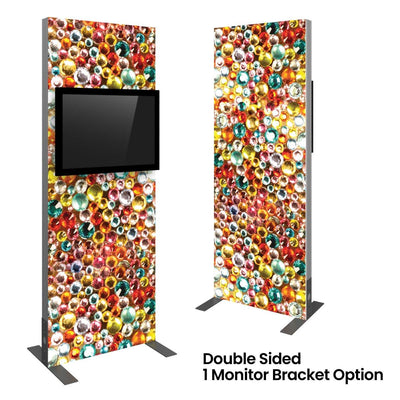 Double sided trade show kiosk with 3ft monitor bracket and vibrant gem pattern for exhibitions