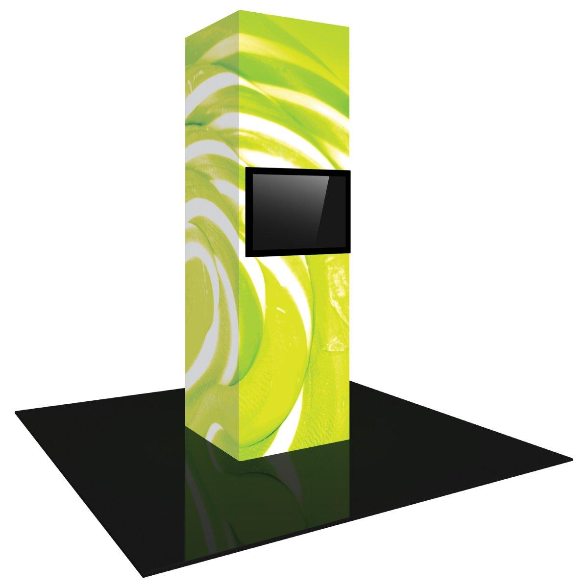 Tall trade show tower with mounted flat screen monitor on black base for exhibitions and events