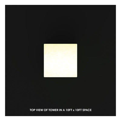 Top view of backlit tower display in compact 10x10 trade show booth space