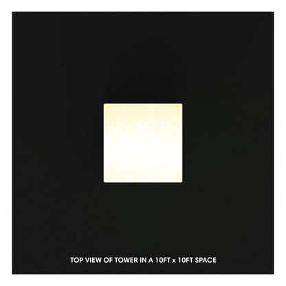 Top view of backlit tower display in compact 10x10 trade show booth space