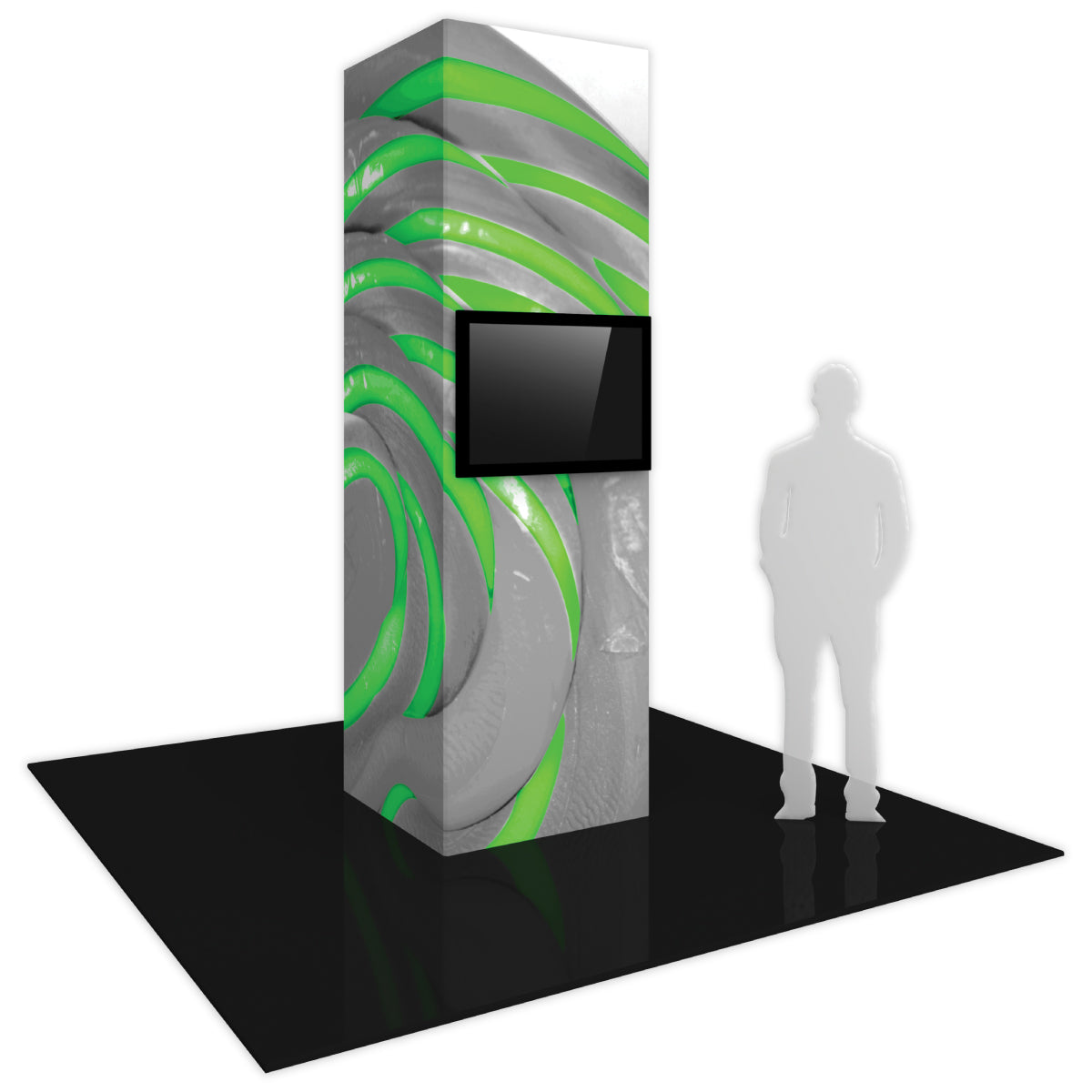 Trade show tower display with mounted monitor and abstract graphic design for exhibitions and events