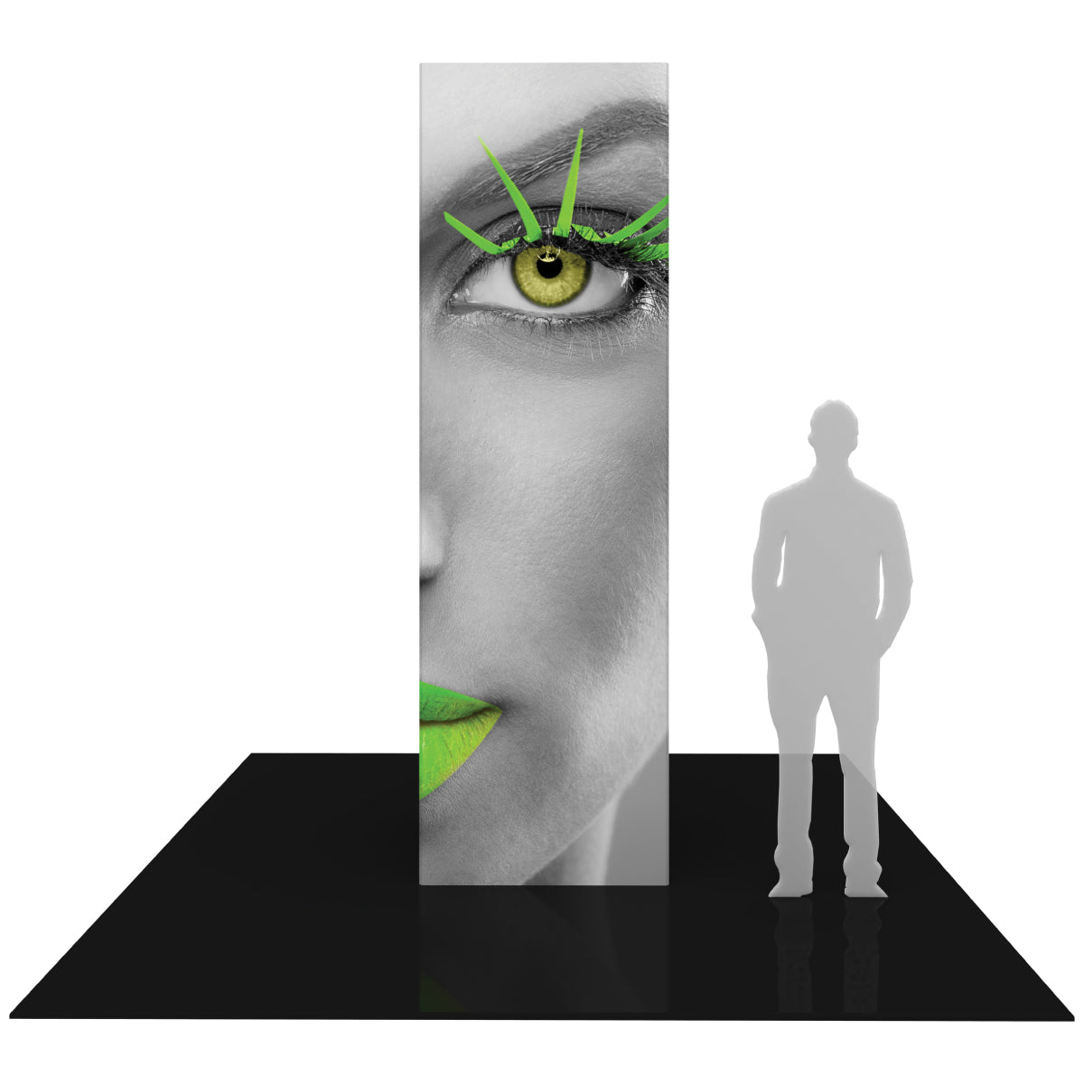 Tall rectangular trade show tower display with close-up face graphic and green accent details