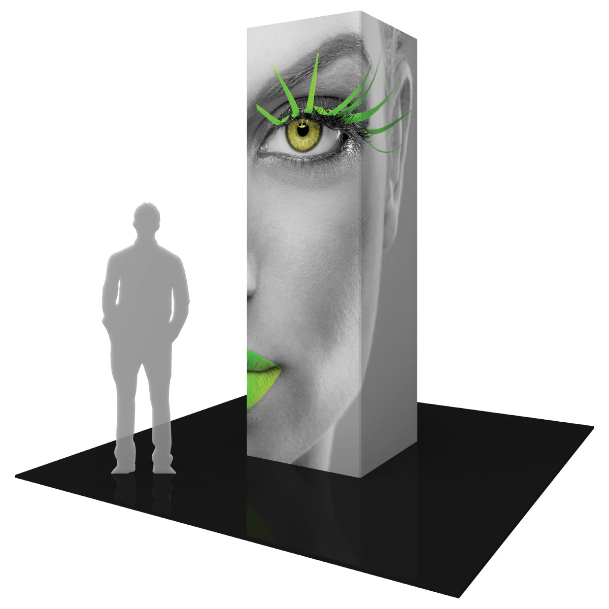 Tall rectangular trade show tower with large face graphic featuring green eye lashes and lips for exhibitions