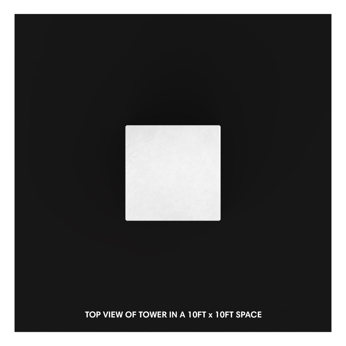 Top view of a trade show tower setup within a 10ft by 10ft exhibition space