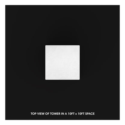 Top view of a trade show tower setup within a 10ft by 10ft exhibition space