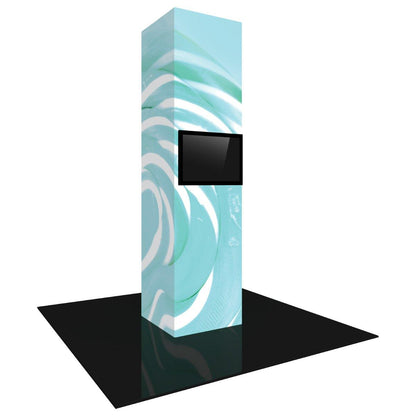 Tall trade show monitor tower with large screen and abstract graphic wrap on white background