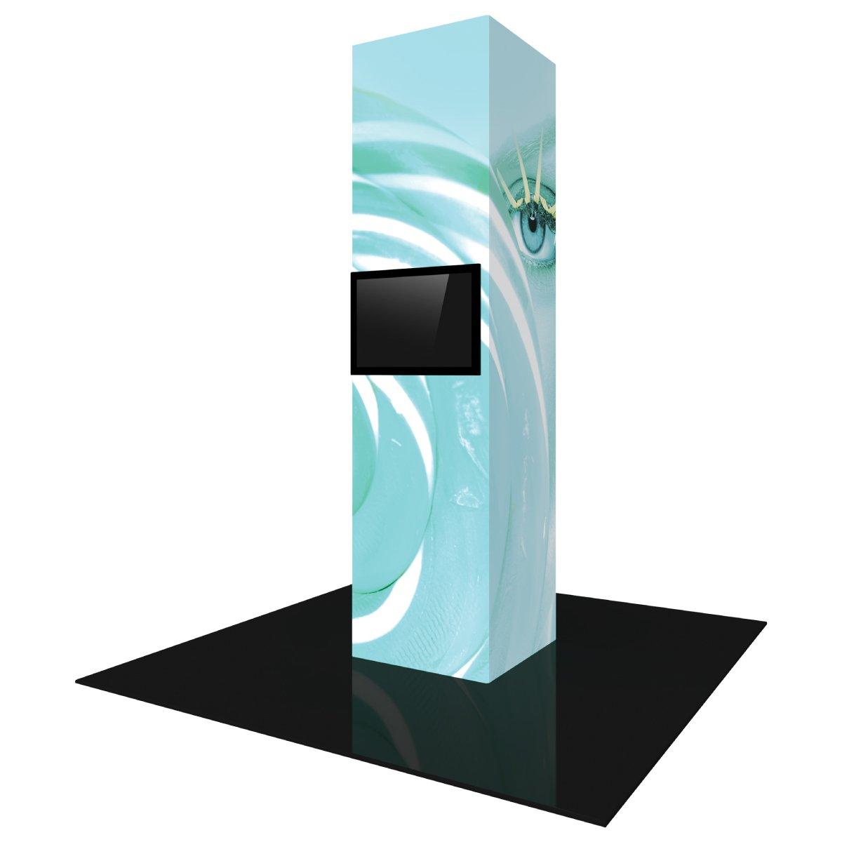 Tall rectangular multimedia tower with integrated screen and graphic wrap for trade show and exhibition display