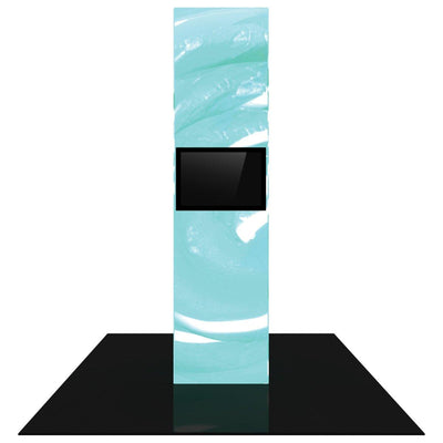 Tall backlit trade show monitor tower with integrated display on black floor base for exhibitions