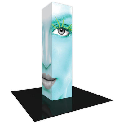 Tall backlit tower display with artistic close-up face graphic for trade shows and exhibitions