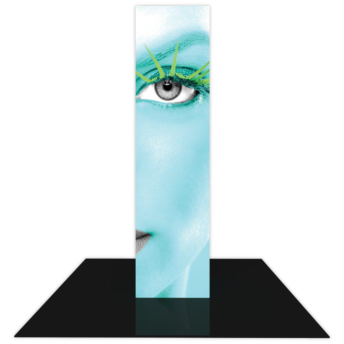 Tall backlit display tower featuring close-up artistic face design for trade show and exhibition use