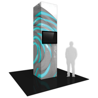 Tall trade show tower display with integrated monitor and graphic wrap on black event floor