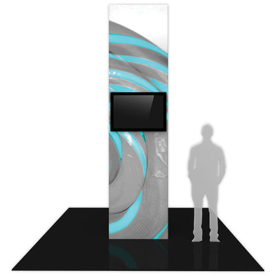 Tall trade show tower display with mounted monitor featuring abstract curved graphic design