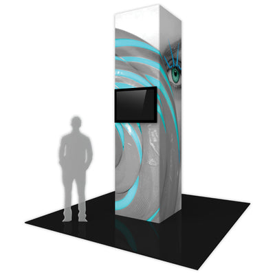 Tall trade show tower display with mounted monitor and large eye graphic for exhibitions and events