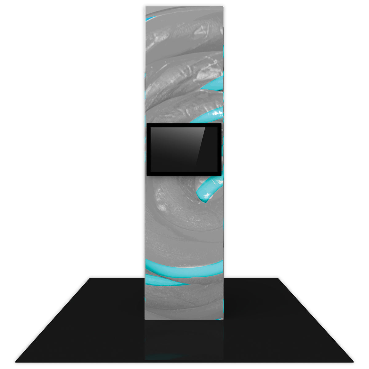 Tall exhibition monitor tower with large vertical graphic panel and mounted digital screen on event floor