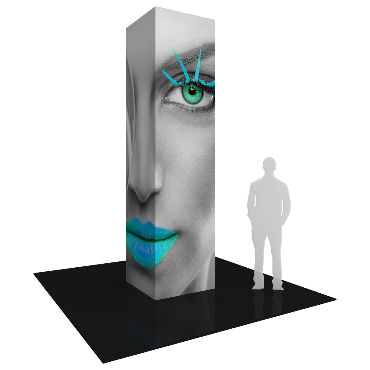 Tall rectangular trade show tower with printed close-up face graphics for exhibitions and special events