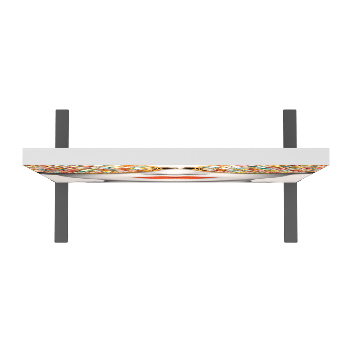 Overhead rectangular trade show hanging sign with colorful graphic and support brackets