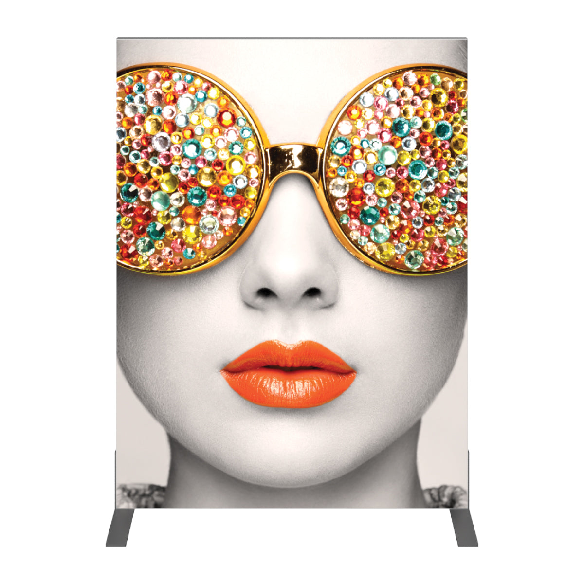 Large banner display featuring close-up of face with embellished sunglasses and bold lips for trade shows