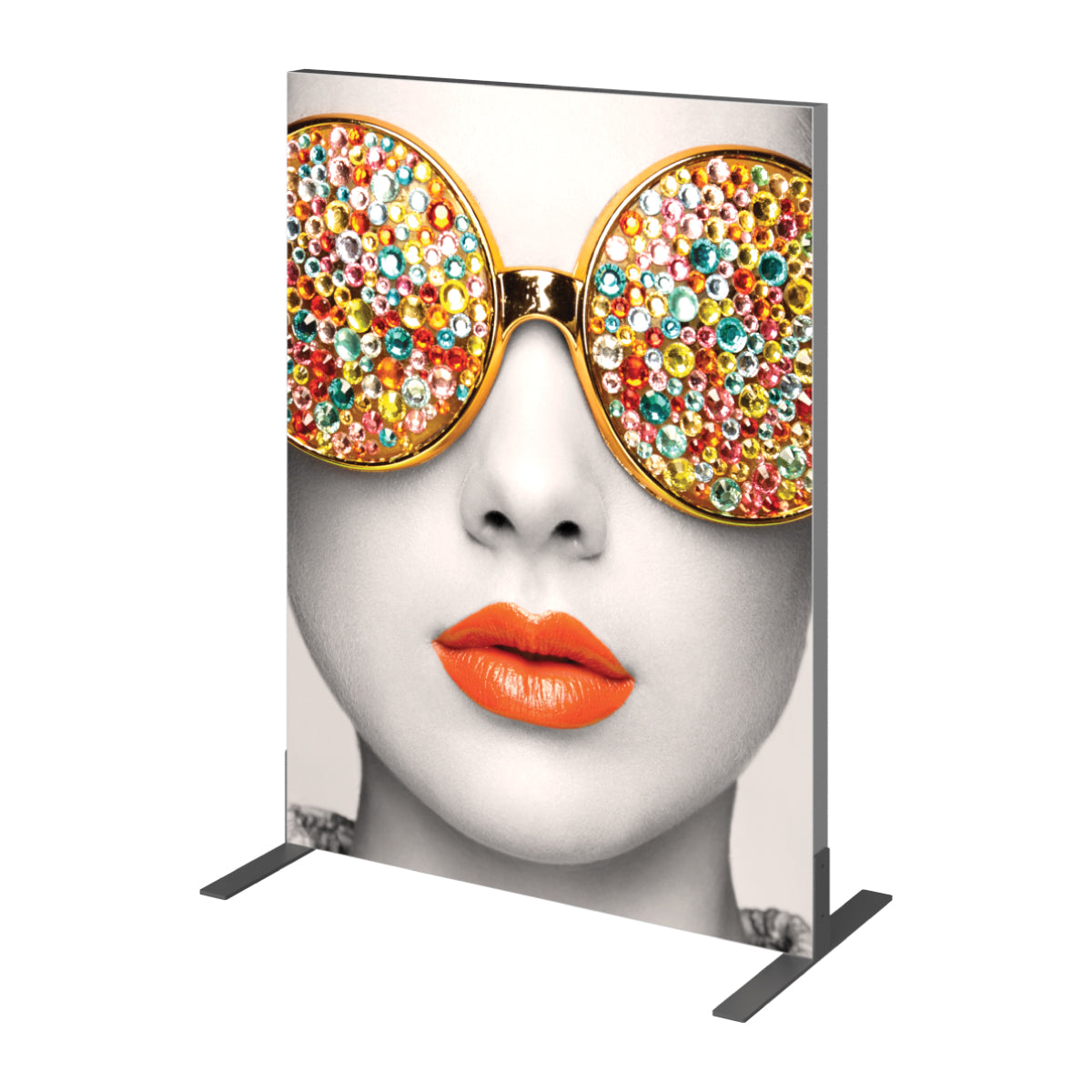 Freestanding display panel with artistic close-up portrait for trade shows and special events