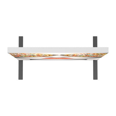 Overhead trade show hanging sign with vibrant circular graphics for exhibitions and special events