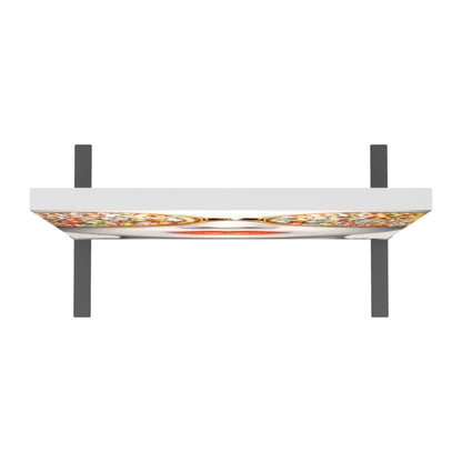 Overhead trade show hanging sign with vibrant circular graphics for exhibitions and special events