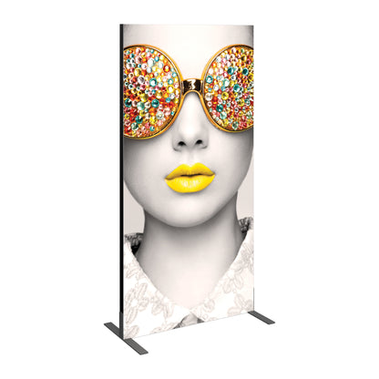 Large printed fabric display featuring close-up fashion portrait for trade shows and exhibitions