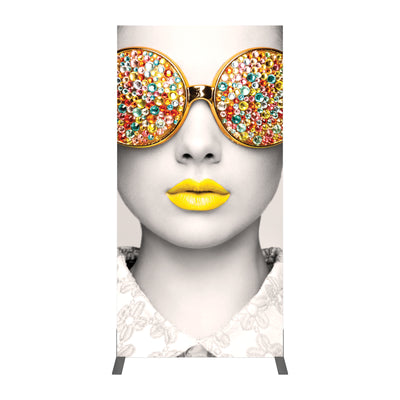 Exhibition banner featuring close-up portrait with embellished sunglasses and highlighted lips for trade shows