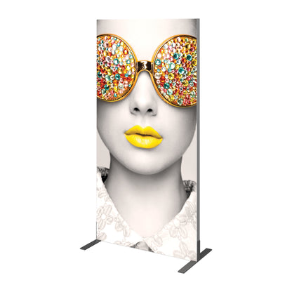 Freestanding banner display featuring artistic portrait with embellished sunglasses and bright lips for trade shows and exhibitions