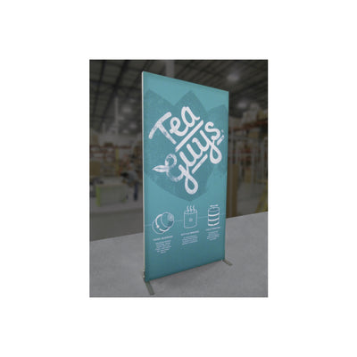 Freestanding trade show banner display with Tea Guys logo and product brewing process illustrations
