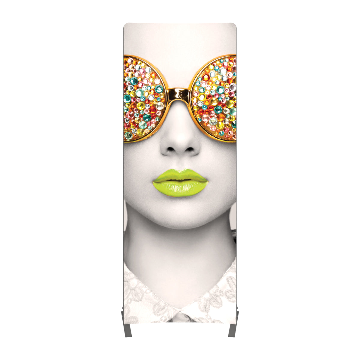 Tall fabric display featuring close-up portrait with jeweled sunglasses and highlighted lips for exhibitions