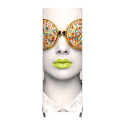 Tall fabric display featuring close-up portrait with jeweled sunglasses and highlighted lips for exhibitions