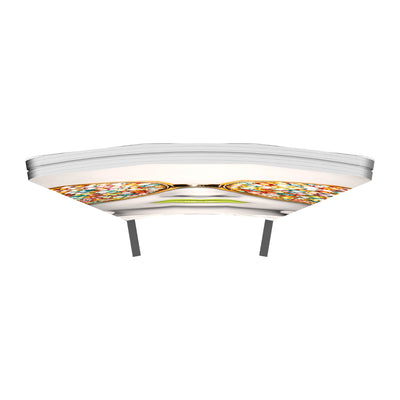 Curved geometric hanging frame with vibrant printed panels for trade show and exhibition displays