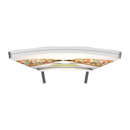 Curved geometric hanging frame with vibrant printed panels for trade show and exhibition displays