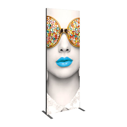 Tall fabric trade show banner featuring close-up of a woman with gemstone sunglasses and bright lips
