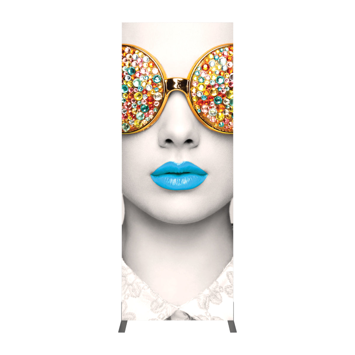 Tall banner display featuring artistic face with embellished sunglasses and bold lips for trade shows and events