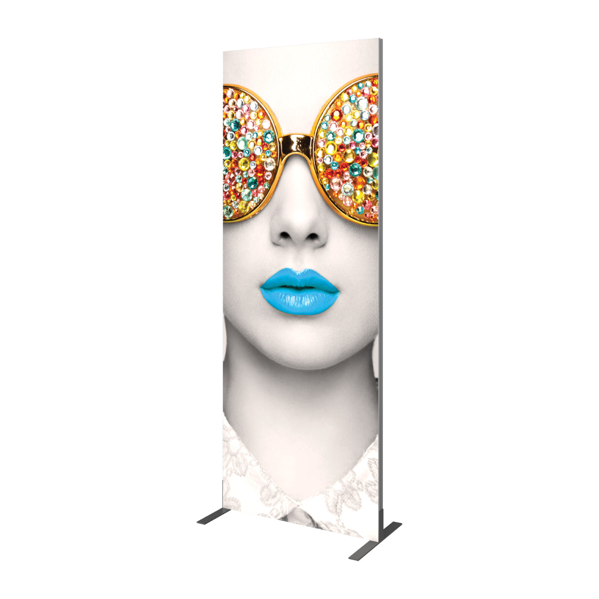Tall trade show display featuring close-up of stylized face with embellished sunglasses and bold lips