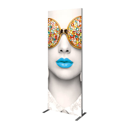 Tall trade show display featuring close-up of stylized face with embellished sunglasses and bold lips