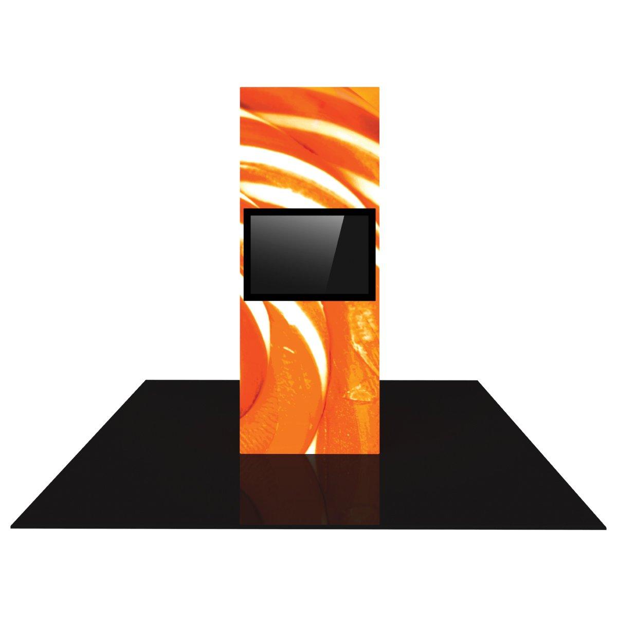 Backlit monitor tower display with vibrant graphic for trade shows and exhibitions on black floor mat