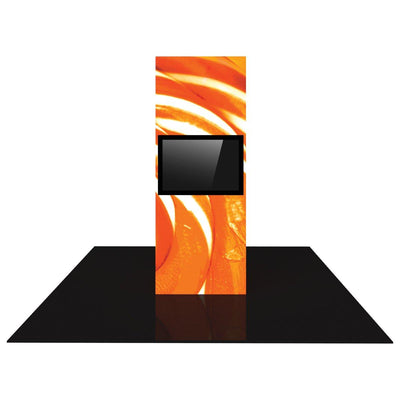 Backlit monitor tower display with vibrant graphic for trade shows and exhibitions on black floor mat