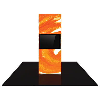 Tall backlit monitor tower display on black floor stand for trade shows and exhibitions