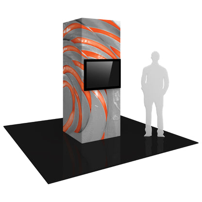 Tall rectangular monitor tower with mounted screen and abstract design for trade shows and exhibitions