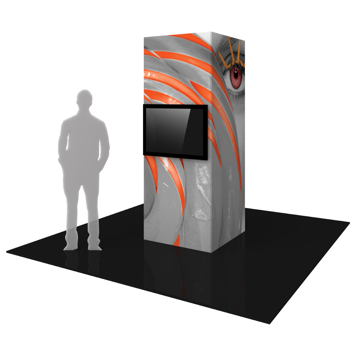 Trade show tower display with large eye graphic and mounted monitor for exhibitions and events