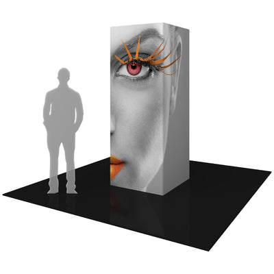 Tall rectangular trade show tower display with large close-up face graphic and dramatic eyelashes for exhibitions