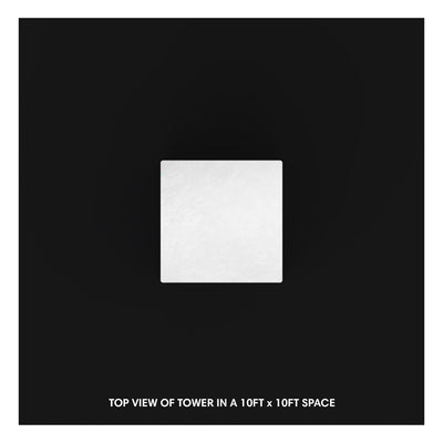 Top view of modular tower display setup in a 10ft by 10ft trade show exhibition space