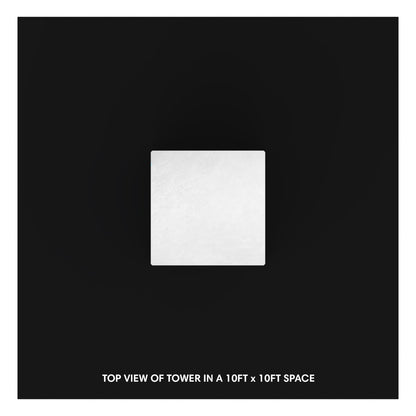 Top view of modular tower display setup in a 10ft by 10ft trade show exhibition space