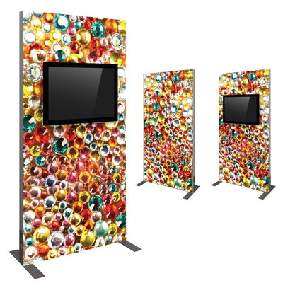 Freestanding monitor kiosk display with colorful gem pattern for trade shows and exhibitions