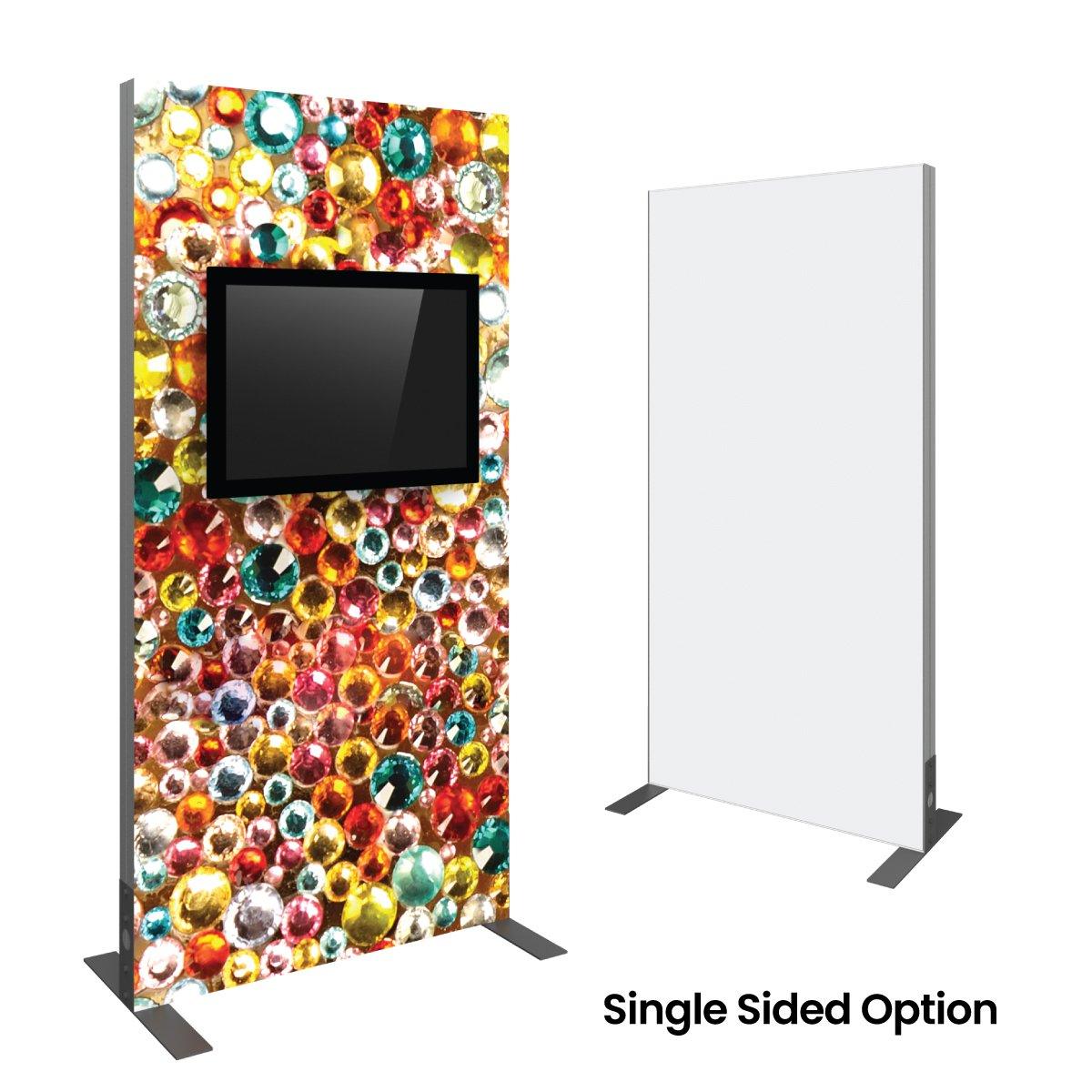 Trade show monitor kiosk with colorful gem graphic and single-sided display for exhibitions and events