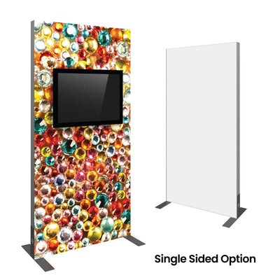 Trade show monitor kiosk with colorful gem graphic and single-sided display for exhibitions and events