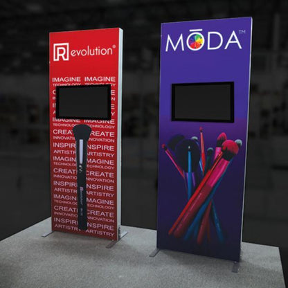 Two tall monitor kiosks for trade shows with screen displays and graphic branding for Revolution and Moda brands